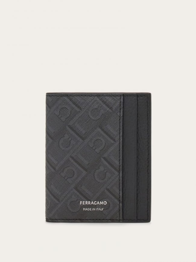 Ferragamo Men's Monogram Credit Card Holder - Black/Grey | Quick Ship!
