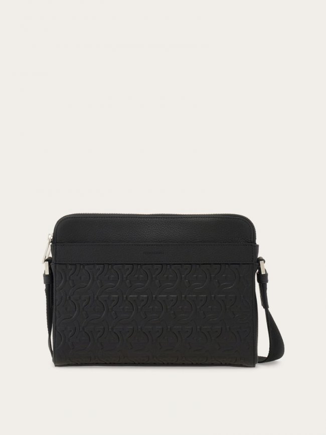 Ferragamo Men's Embossed Gancini Crossbody Bag - Black | Quick Ship!