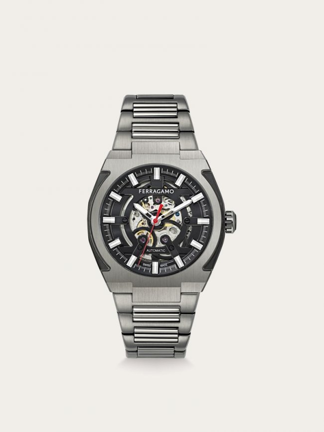 Ferragamo Men's Supreme Skeleton Watch - Ip Gun/Black | Quick Ship!