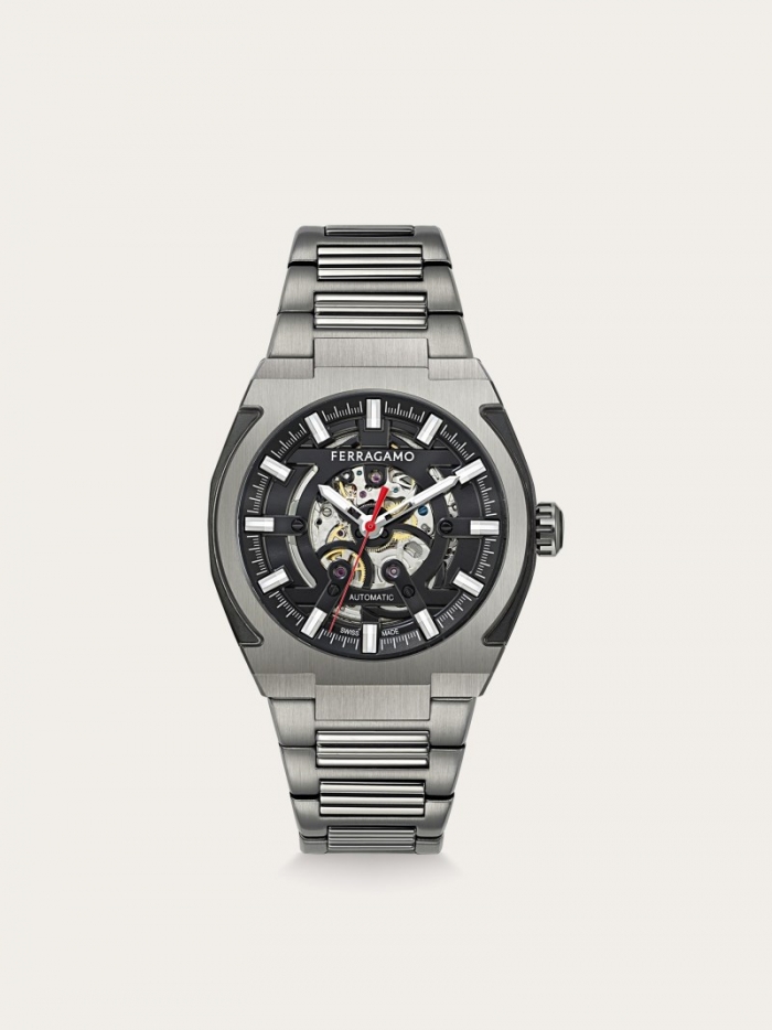 Ferragamo Men's Supreme Skeleton Watch - Ip Gun/Black | Quick Ship!