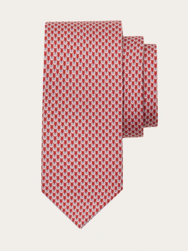 Ferragamo Men's Owl Print Silk Tie - Red | Quick Ship!