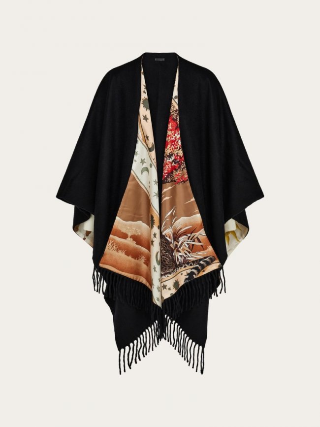 Ferragamo Women's Day &Amp; Night Print Reversible Cape - Black/Bordeaux | Quick Ship!
