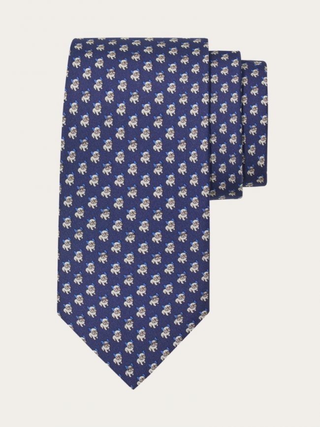 Ferragamo Men's Bulldog Print Silk Tie - Navy Blue | Quick Ship!