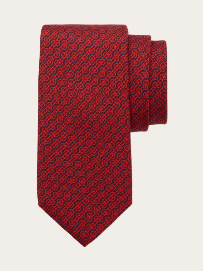 Ferragamo Men's Woven Print Silk Tie - Dark Blue/Red | Quick Ship!