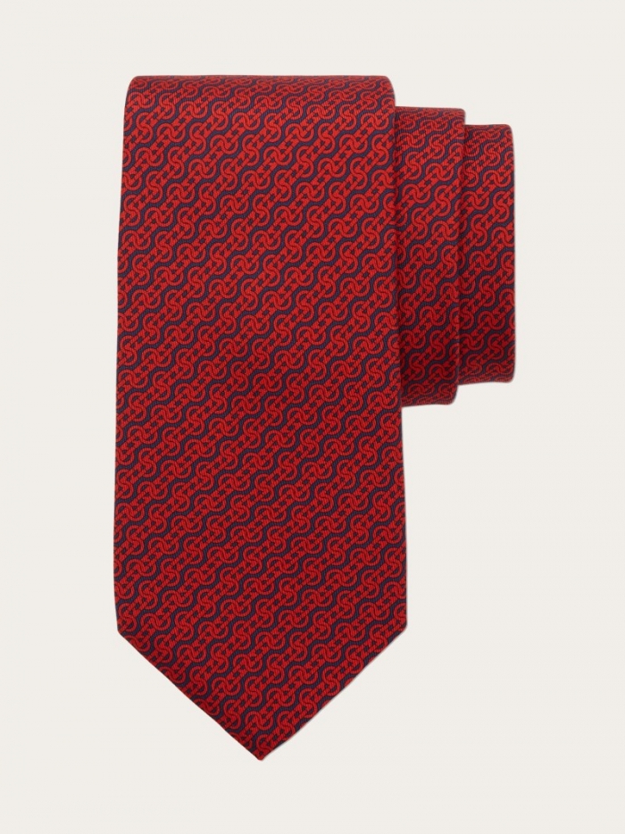 Ferragamo Men's Woven Print Silk Tie - Dark Blue/Red | Quick Ship!