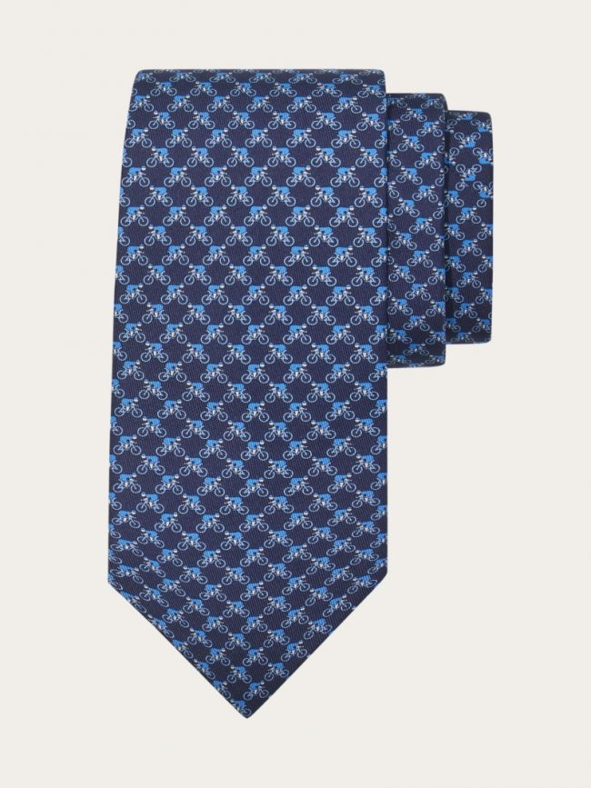 Ferragamo Men's Cyclist Print Silk Tie - Navy Blue | Quick Ship!