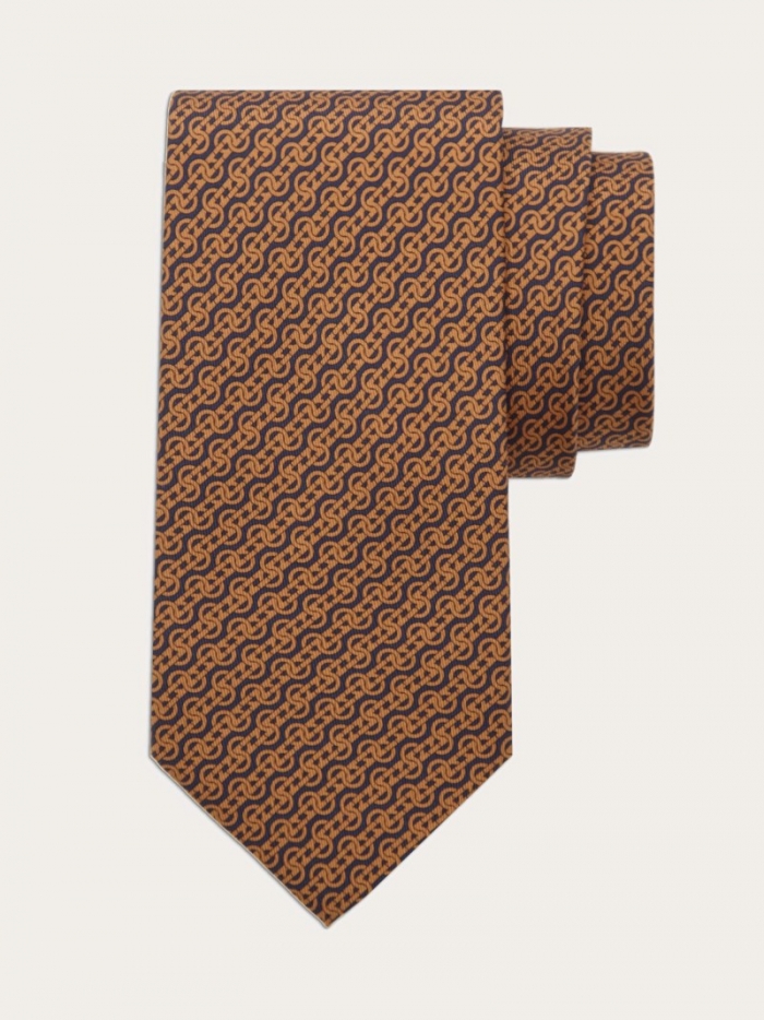 Ferragamo Men's Woven Print Silk Tie - Dark Blue/Brown | Quick Ship!