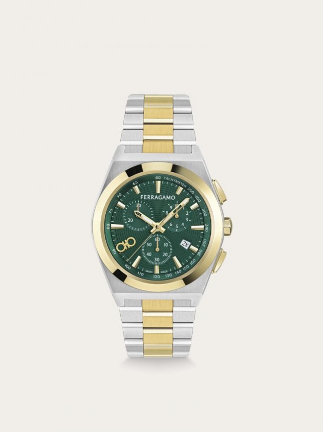 Ferragamo Men's Vega Upper East Chrono - Ip Yellow Gold/Green | Quick Ship!
