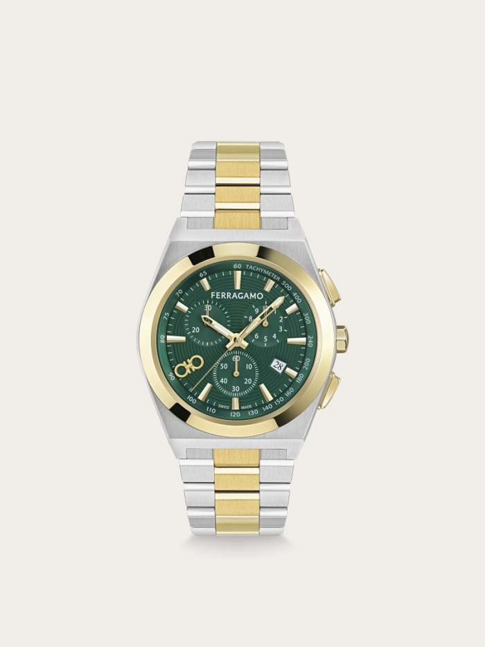 Ferragamo Men's Vega Upper East Chrono - Ip Yellow Gold/Green | Quick Ship!