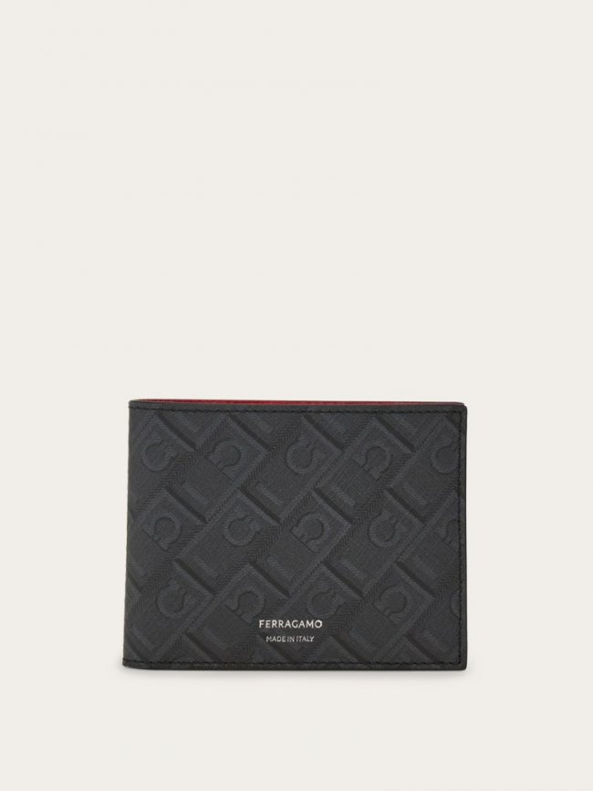 Ferragamo Men's Monogram Wallet - Black/Grey/Flame Red | Quick Ship!