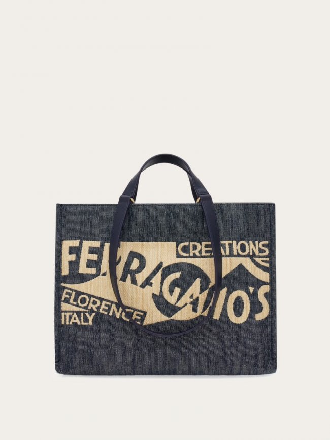 Ferragamo Women's Tote Bag With Logo - Denim/Natural | Quick Ship!