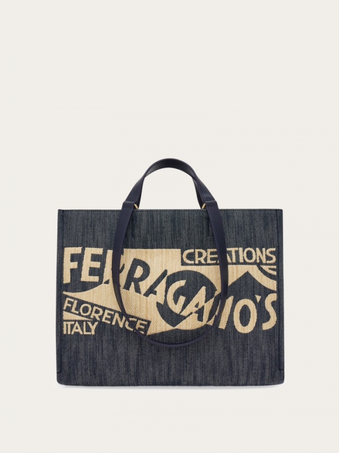 Ferragamo Women's Tote Bag With Logo - Denim/Natural | Quick Ship!