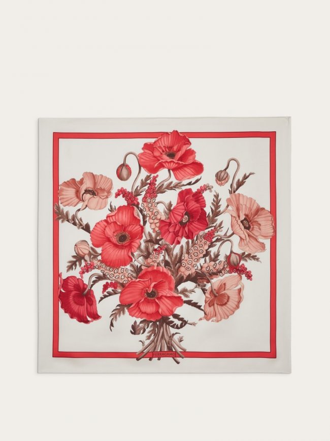 Ferragamo Women's Poppies Print Silk Foulard - Ivory/Pink | Quick Ship!