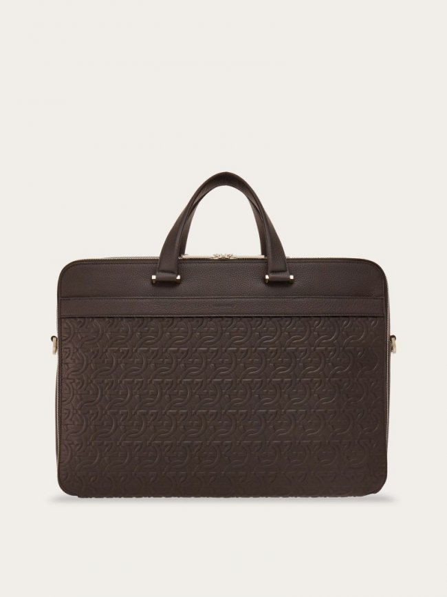 Ferragamo Men's Embossed Gancini Business Bag - Testa Di Moro | Quick Ship!