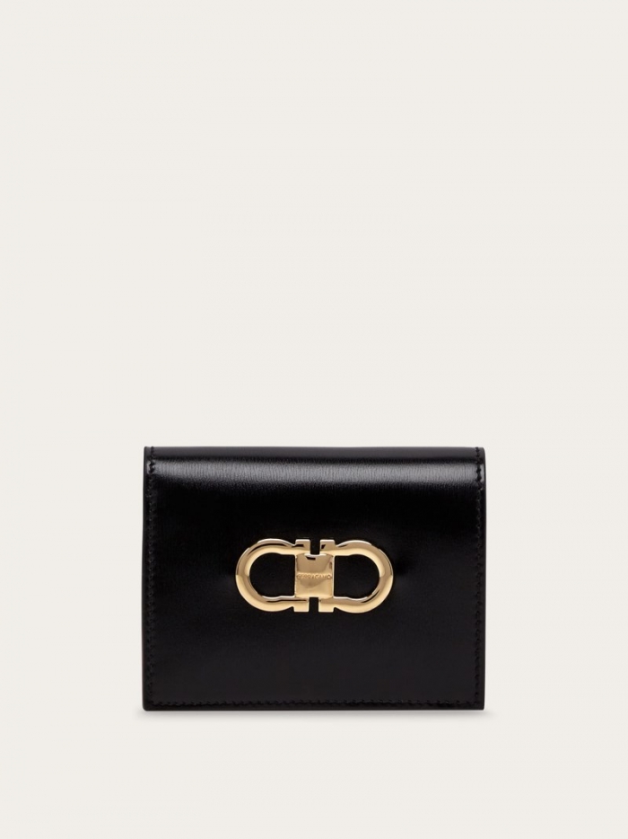Ferragamo Women's Gancini Compact Wallet - Black/Flame Red | Quick Ship!