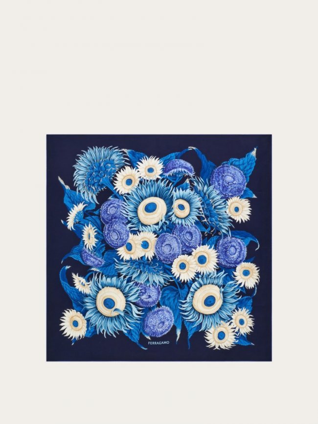 Ferragamo Women's Sunflower Print Silk Scarf - Marine Blue | Quick Ship!
