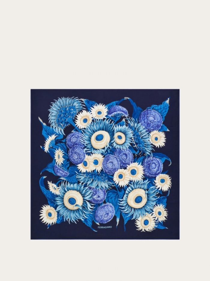 Ferragamo Women's Sunflower Print Silk Scarf - Marine Blue | Quick Ship!