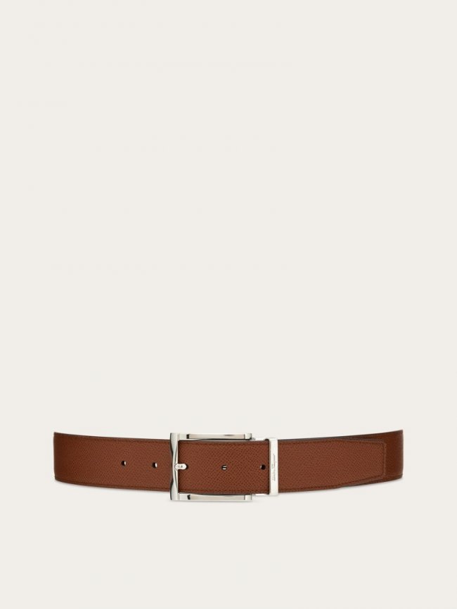 Ferragamo Men's Reversible And Adjustable Belt With Rectangular Buckle - Briar/Black | Quick Ship!
