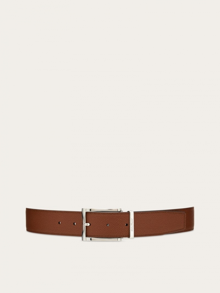 Ferragamo Men's Reversible And Adjustable Belt With Rectangular Buckle - Briar/Black | Quick Ship!