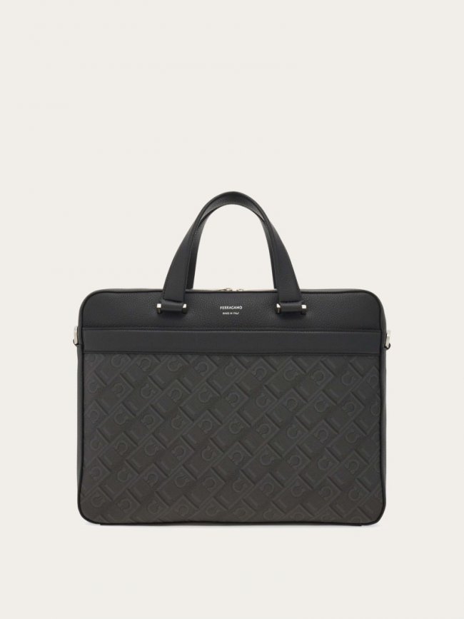 Ferragamo Men's Monogram Business Bag - Black/Grey | Quick Ship!