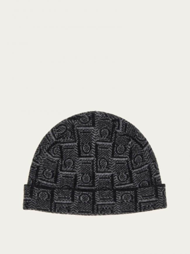 Ferragamo Men's Monogram Beanie - Black/Anthracite | Quick Ship!