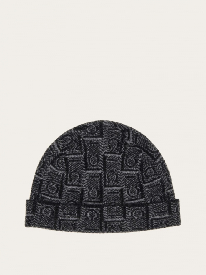 Ferragamo Men's Monogram Beanie - Black/Anthracite | Quick Ship!
