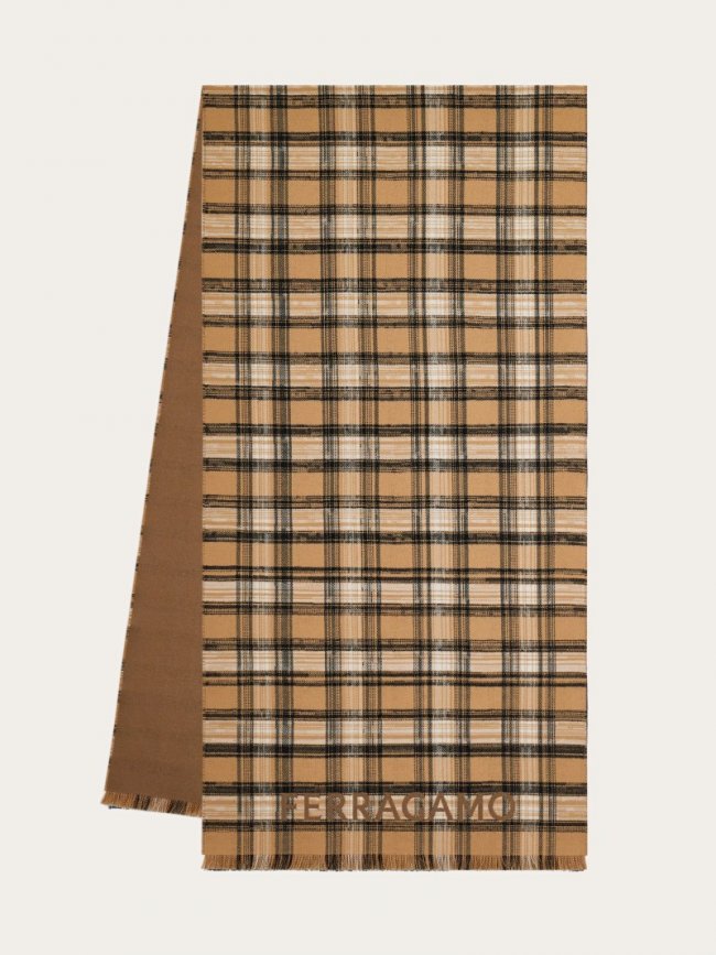 Ferragamo Men's Tartan Wool Scarf - Camel/Dark Camel | Quick Ship!
