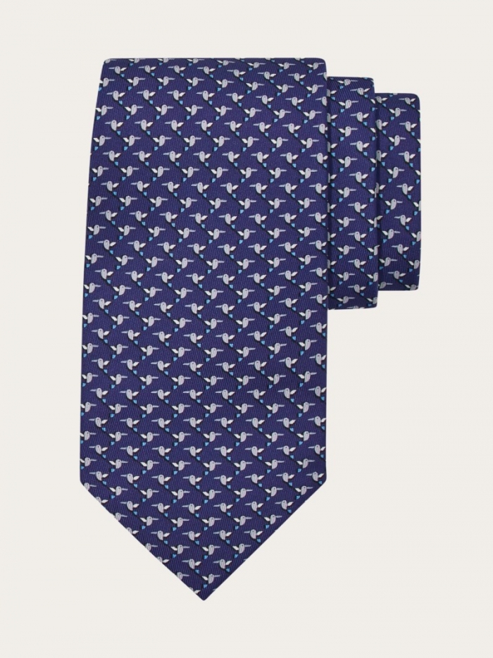 Ferragamo Men's Hummingbird Print Silk Tie - Navy Blue | Quick Ship!