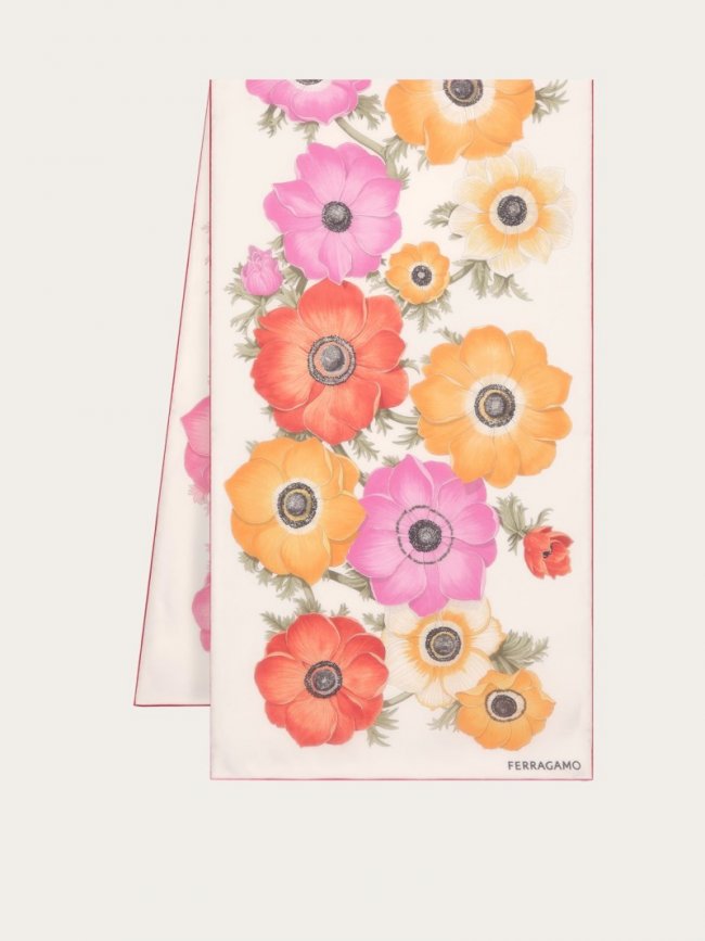 Ferragamo Women's Anemone Print Silk Scarf - Ivory/Pink/Orange | Quick Ship!