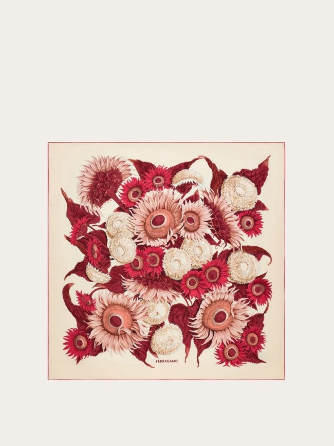 Ferragamo Women's Sunflower Print Silk Scarf - Ivory/Bordeaux/Fuchsia | Quick Ship!