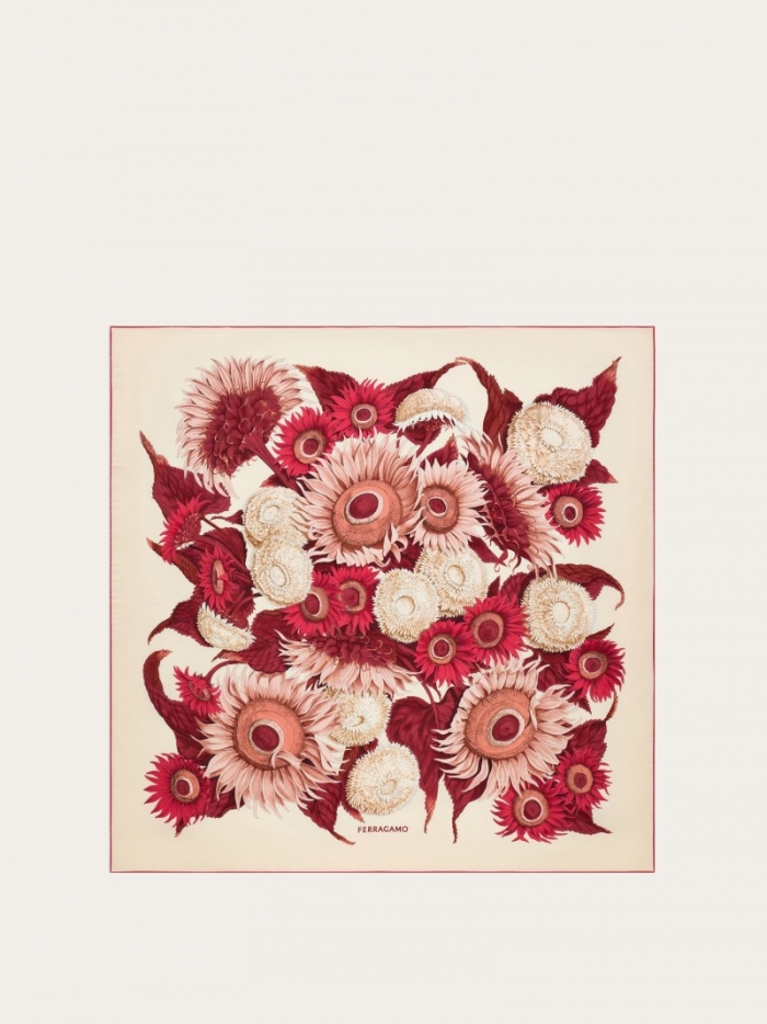 Ferragamo Women's Sunflower Print Silk Scarf - Ivory/Bordeaux/Fuchsia | Quick Ship!