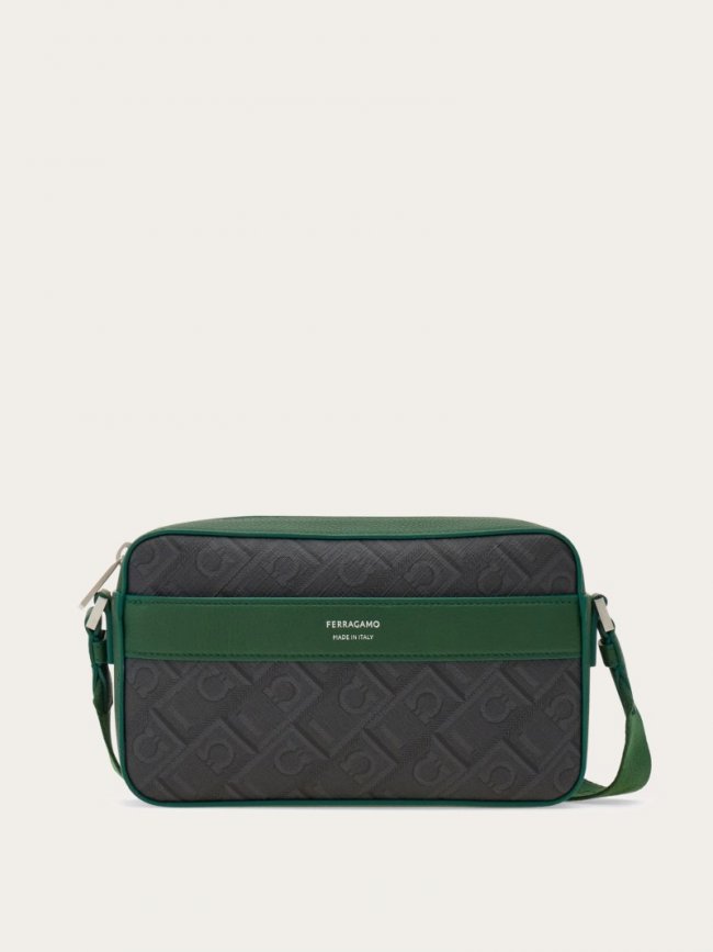 Ferragamo Men's Monogram Crossbody Bag - Black/Grey/Forest Green | Quick Ship!