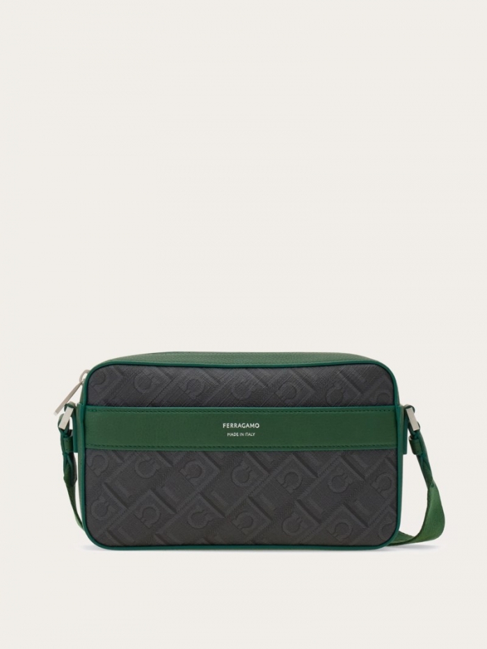 Ferragamo Men's Monogram Crossbody Bag - Black/Grey/Forest Green | Quick Ship!