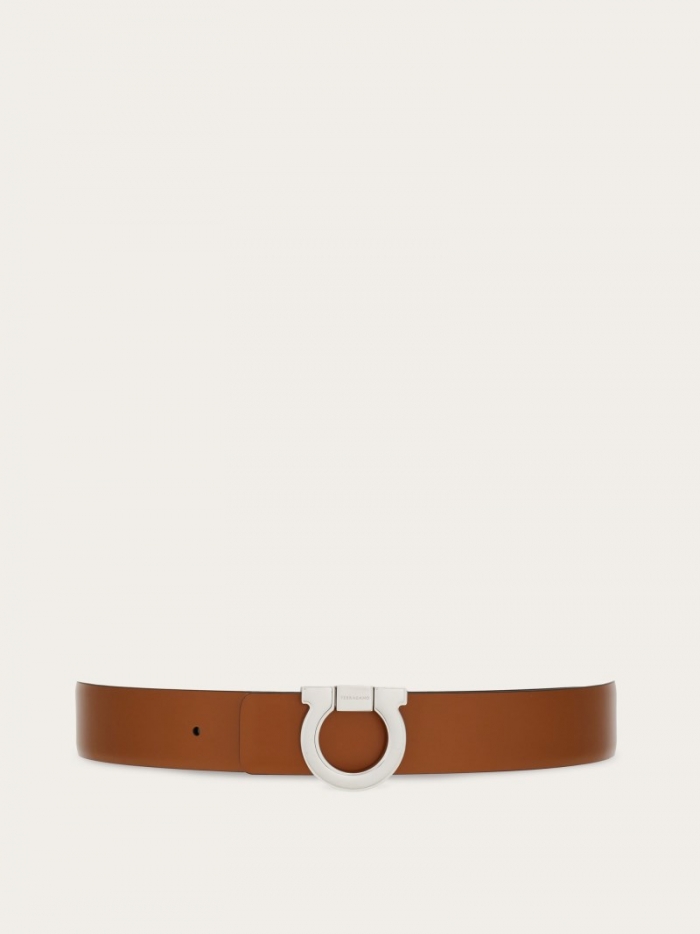 Ferragamo Men's Fixed Reversible Gancini Belt - Dark Leather/Black | Quick Ship!