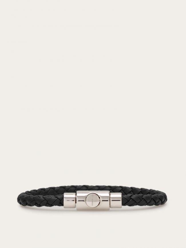 Ferragamo Men's Braided Leather Bracelet - Black (Size 19) | Quick Ship!