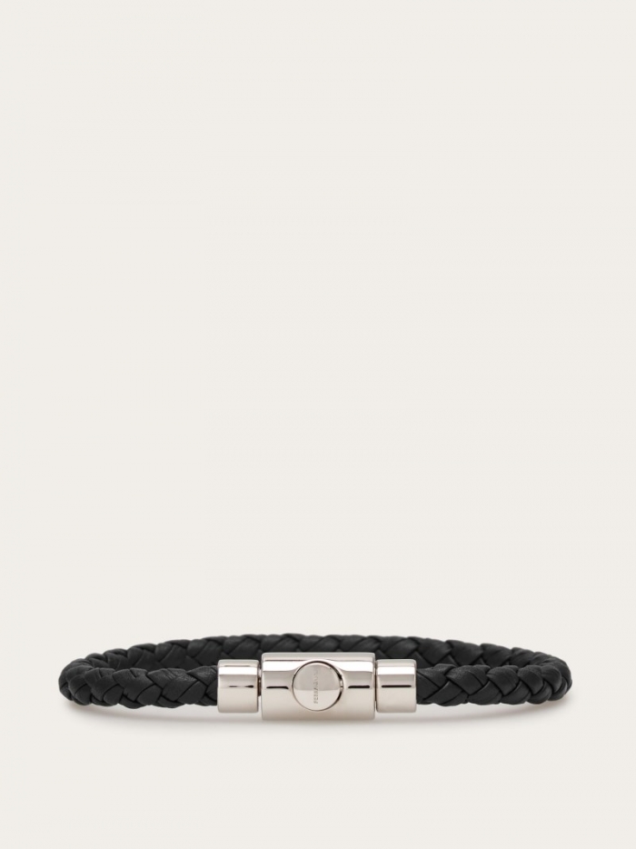 Ferragamo Men's Braided Leather Bracelet - Black (Size 19) | Quick Ship!