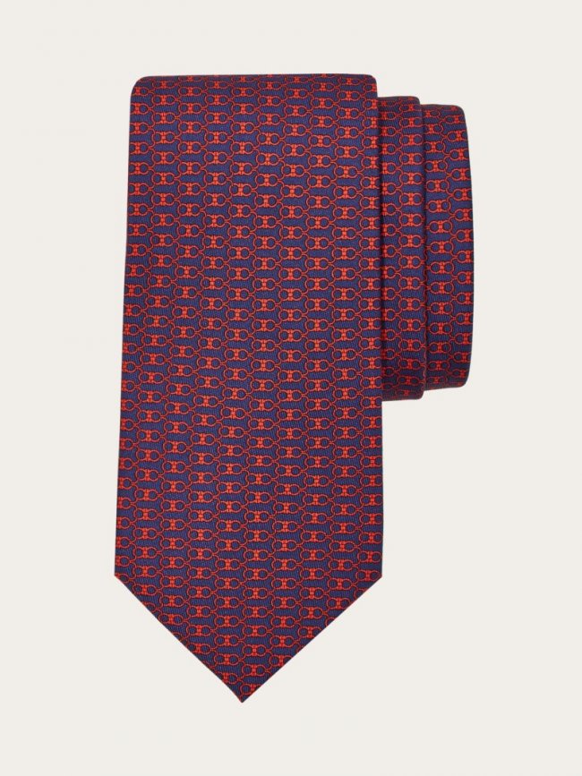 Ferragamo Men's Gancini Print Silk Tie - Dark Blue | Quick Ship!