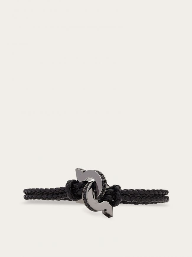 Ferragamo Men's Bracelet With Intertwined Gancini - Black (Size 19) | Quick Ship!