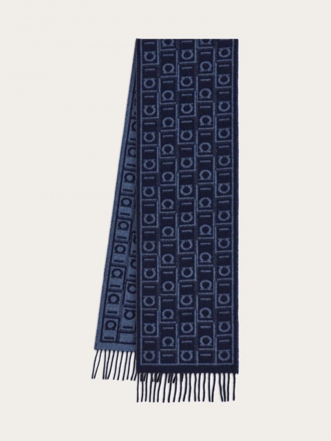 Ferragamo Men's Monogram Scarf - Navy Blue/Oxford Blue | Quick Ship!