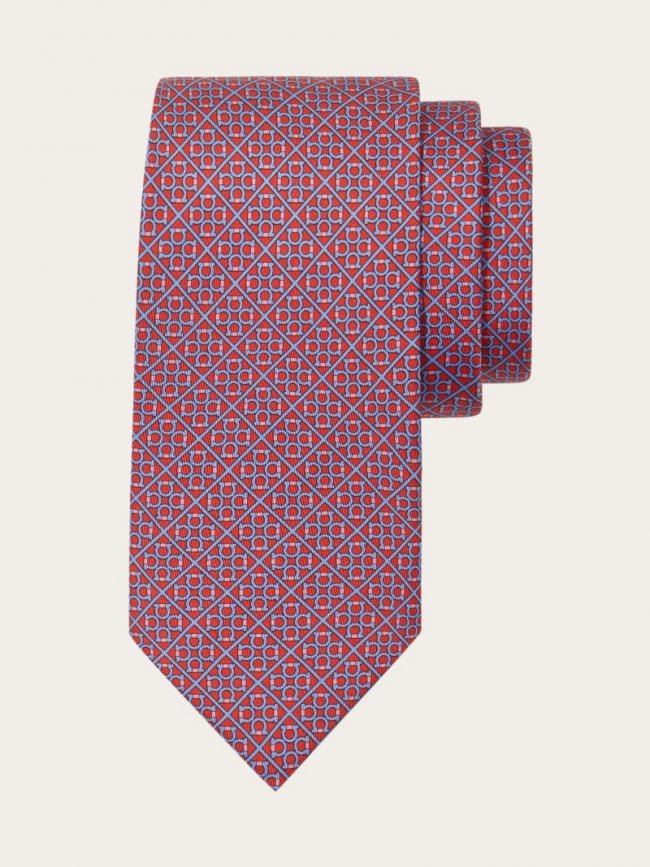 Ferragamo Men's Square Gancini Print Silk Tie - Red | Quick Ship!
