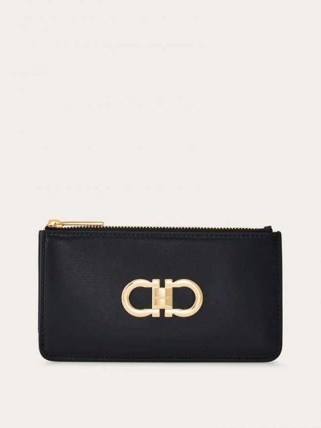 Ferragamo Women's Gancini Credit Card Holder - Black/Flame Red | Quick Ship!