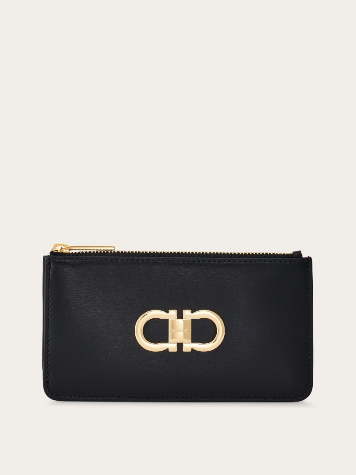 Ferragamo Women's Gancini Credit Card Holder - Black/Flame Red | Quick Ship!