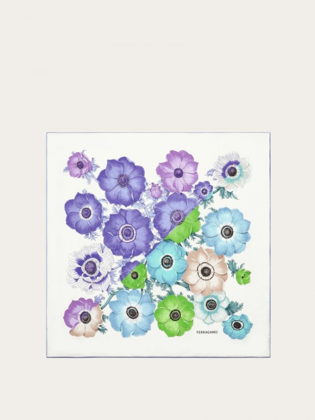 Ferragamo Women's Anemone Print Silk Foulard - Lavender/Ivory/Light Blue | Quick Ship!