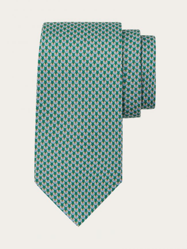 Ferragamo Men's Owl Print Silk Tie - Green | Quick Ship!