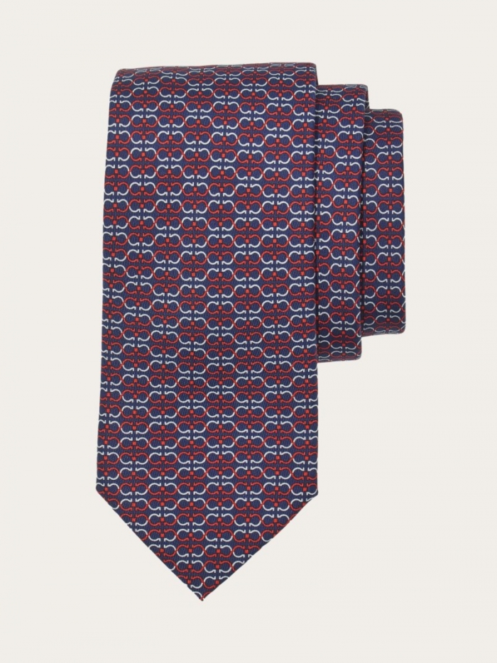 Ferragamo Men's Gancini Print Silk Tie - Navy Blue/Red | Quick Ship!