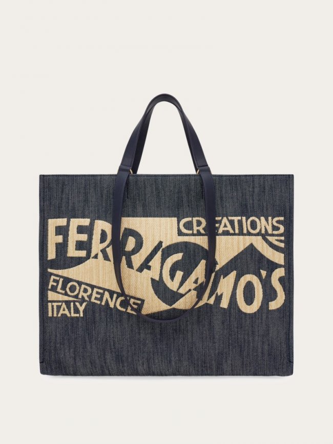 Ferragamo Women's Tote Bag With Logo - Denim/Natural | Quick Ship!