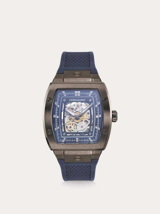 Ferragamo Men's Tonneau Skeleton Watch - Ip Gun/Blue | Quick Ship!