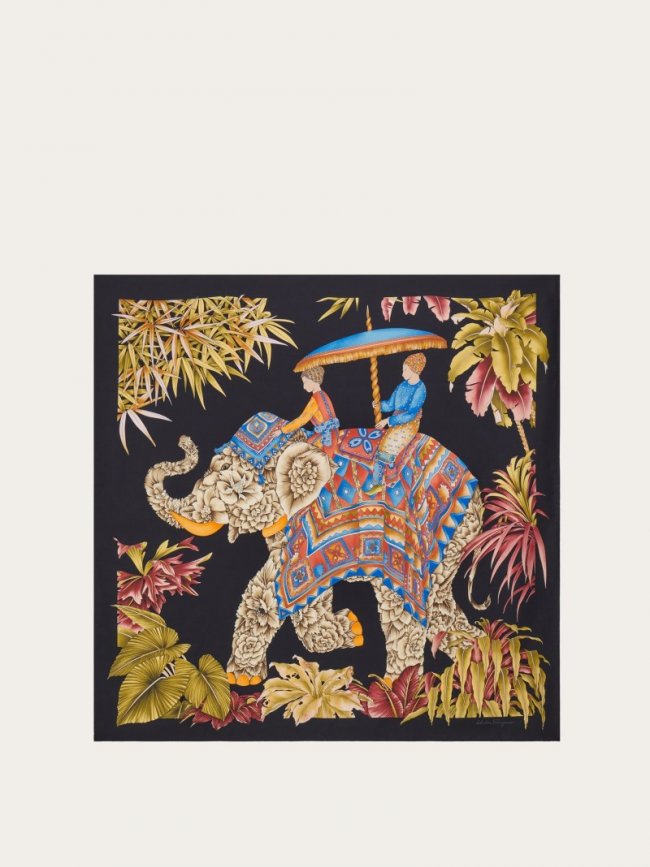 Ferragamo Women's India Print Silk Scarf - Black/Bluette/Ocher | Quick Ship!