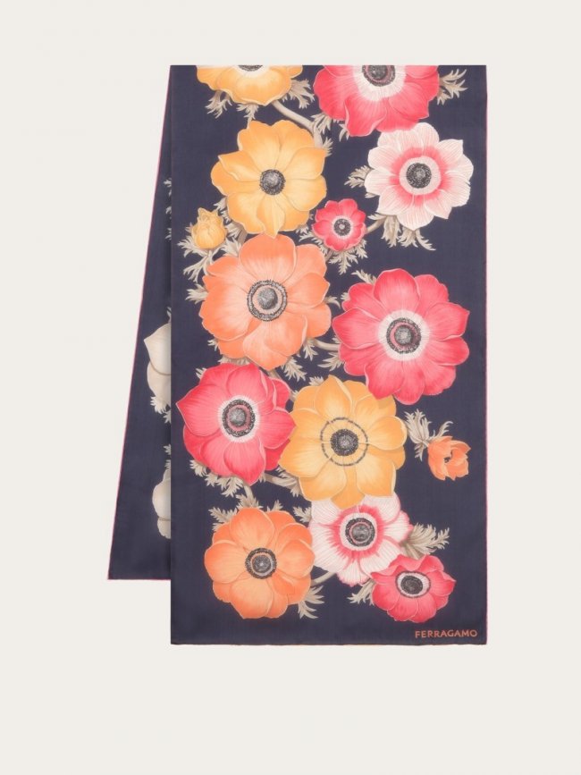 Ferragamo Women's Anemone Print Silk Scarf - Marine Blue/Ivory/Pink | Quick Ship!