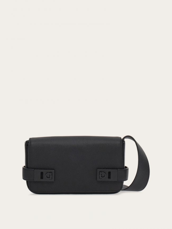 Ferragamo Men's Crossbody Bag With Gancini Buckles - Black | Quick Ship!